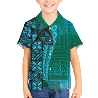 Samoan Pacific Tribal Flower Geometric Art Tattoos Kid Hawaiian Shirt Siapo Pattern Turquoise Tide LT03 Kid Turquoise - Polynesian Pride