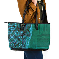 Samoan Pacific Tribal Flower Geometric Art Tattoos Leather Tote Bag Siapo Pattern Turquoise Tide LT03 - Polynesian Pride