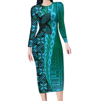 Samoan Pacific Tribal Flower Geometric Art Tattoos Long Sleeve Bodycon Dress Siapo Pattern Turquoise Tide - Polynesian Pride