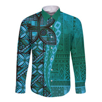 Samoan Pacific Tribal Flower Geometric Art Tattoos Long Sleeve Button Shirt Siapo Pattern Turquoise Tide - Polynesian Pride