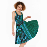 Samoan Pacific Tribal Flower Geometric Art Tattoos Midi Dress Siapo Pattern Turquoise Tide - Polynesian Pride