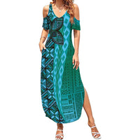 Samoan Pacific Tribal Flower Geometric Art Tattoos Summer Maxi Dress Siapo Pattern Turquoise Tide - Polynesian Pride