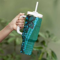 Samoan Pacific Tribal Flower Geometric Art Tattoos Tumbler With Handle Siapo Pattern Turquoise Tide - Polynesian Pride