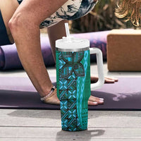Samoan Pacific Tribal Flower Geometric Art Tattoos Tumbler With Handle Siapo Pattern Turquoise Tide - Polynesian Pride