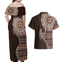 Fijian Masi Tribal Tattoos Art Pattern Couples Matching Off Shoulder Maxi Dress and Hawaiian Shirt Brown Color Half Style - Polynesian Pride