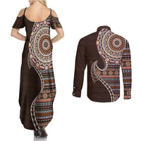 Fijian Masi Tribal Tattoos Art Pattern Couples Matching Summer Maxi Dress and Long Sleeve Button Shirt Brown Color Half Style LT03 - Polynesian Pride