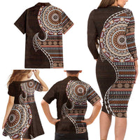 Fijian Masi Tribal Tattoos Art Pattern Family Matching Long Sleeve Bodycon Dress and Hawaiian Shirt Brown Color Half Style - Polynesian Pride