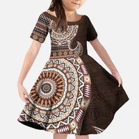 Fijian Masi Tribal Tattoos Art Pattern Family Matching Off The Shoulder Long Sleeve Dress and Hawaiian Shirt Brown Color Half Style - Polynesian Pride