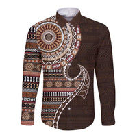 Fijian Masi Tribal Tattoos Art Pattern Long Sleeve Button Shirt Brown Color Half Style LT03 Unisex Brown - Polynesian Pride