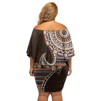 Fijian Masi Tribal Tattoos Art Pattern Off Shoulder Short Dress Brown Color Half Style - Polynesian Pride