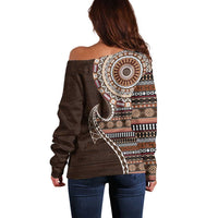 Fijian Masi Tribal Tattoos Art Pattern Off Shoulder Sweater Brown Color Half Style - Polynesian Pride
