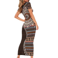 Fijian Masi Tribal Tattoos Art Pattern Short Sleeve Bodycon Dress Brown Color Half Style - Polynesian Pride