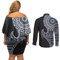 Fijian Masi Tribal Tattoos Art Pattern Couples Matching Off Shoulder Short Dress and Long Sleeve Button Shirt Navy Color Half Style - Polynesian Pride