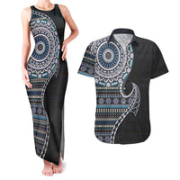 Fijian Masi Tribal Tattoos Art Pattern Couples Matching Tank Maxi Dress and Hawaiian Shirt Navy Color Half Style - Polynesian Pride