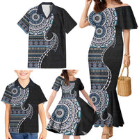 Fijian Masi Tribal Tattoos Art Pattern Family Matching Mermaid Dress and Hawaiian Shirt Navy Color Half Style - Polynesian Pride