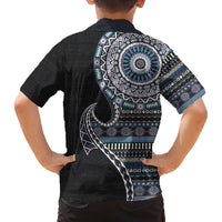 Fijian Masi Tribal Tattoos Art Pattern Family Matching Off The Shoulder Long Sleeve Dress and Hawaiian Shirt Navy Color Half Style - Polynesian Pride