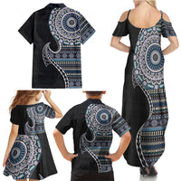 Fijian Masi Tribal Tattoos Art Pattern Family Matching Summer Maxi Dress and Hawaiian Shirt Navy Color Half Style - Polynesian Pride