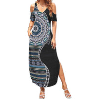 Fijian Masi Tribal Tattoos Art Pattern Family Matching Summer Maxi Dress and Hawaiian Shirt Navy Color Half Style - Polynesian Pride