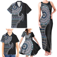 Fijian Masi Tribal Tattoos Art Pattern Family Matching Tank Maxi Dress and Hawaiian Shirt Navy Color Half Style - Polynesian Pride