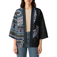 Fijian Masi Tribal Tattoos Art Pattern Kimono Navy Color Half Style - Polynesian Pride
