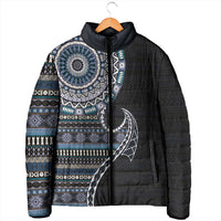 Fijian Masi Tribal Tattoos Art Pattern Padded Jacket Navy Color Half Style - Polynesian Pride