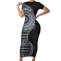 Fijian Masi Tribal Tattoos Art Pattern Short Sleeve Bodycon Dress Navy Color Half Style - Polynesian Pride