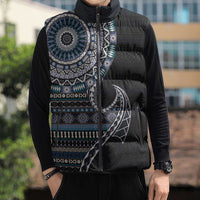 Fijian Masi Tribal Tattoos Art Pattern Sleeveless Puffer Jacket Navy Color Half Style - Polynesian Pride