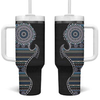 Fijian Masi Tribal Tattoos Art Pattern Tumbler With Handle Navy Color Half Style - Polynesian Pride