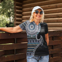 Fijian Masi Tribal Tattoos Art Pattern Women Polo Shirt Navy Color Half Style - Polynesian Pride