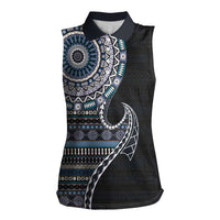 Fijian Masi Tribal Tattoos Art Pattern Women Sleeveless Polo Shirt Navy Color Half Style - Polynesian Pride