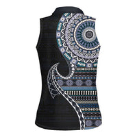 Fijian Masi Tribal Tattoos Art Pattern Women Sleeveless Polo Shirt Navy Color Half Style - Polynesian Pride