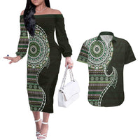 Fijian Masi Tribal Tattoos Art Pattern Couples Matching Off The Shoulder Long Sleeve Dress and Hawaiian Shirt Green Color Half Style - Polynesian Pride