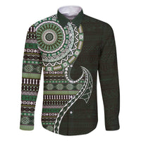 Fijian Masi Tribal Tattoos Art Pattern Family Matching Long Sleeve Bodycon Dress and Hawaiian Shirt Green Color Half Style - Polynesian Pride