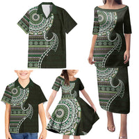 Fijian Masi Tribal Tattoos Art Pattern Family Matching Puletasi and Hawaiian Shirt Green Color Half Style - Polynesian Pride