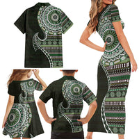 Fijian Masi Tribal Tattoos Art Pattern Family Matching Short Sleeve Bodycon Dress and Hawaiian Shirt Green Color Half Style - Polynesian Pride