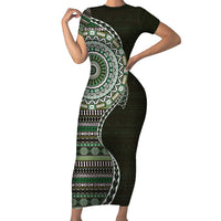 Fijian Masi Tribal Tattoos Art Pattern Family Matching Short Sleeve Bodycon Dress and Hawaiian Shirt Green Color Half Style - Polynesian Pride