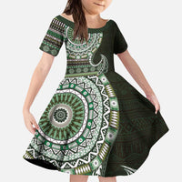 Fijian Masi Tribal Tattoos Art Pattern Kid Short Sleeve Dress Green Color Half Style - Polynesian Pride