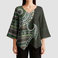 Fijian Masi Tribal Tattoos Art Pattern Kimono Sleeve Blouse Green Color Half Style - Polynesian Pride