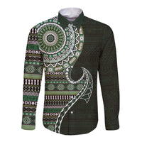 Fijian Masi Tribal Tattoos Art Pattern Long Sleeve Button Shirt Green Color Half Style - Polynesian Pride