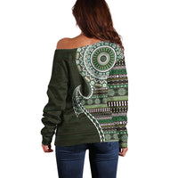 Fijian Masi Tribal Tattoos Art Pattern Off Shoulder Sweater Green Color Half Style - Polynesian Pride