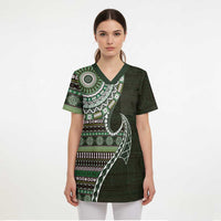 Fijian Masi Tribal Tattoos Art Pattern Scrub Top Green Color Half Style - Polynesian Pride