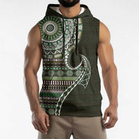 Fijian Masi Tribal Tattoos Art Pattern Sleeveless Hoodie Green Color Half Style - Polynesian Pride