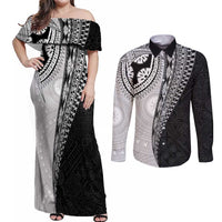 Fijian Masi Tattoos Couples Matching Off Shoulder Maxi Dress and Long Sleeve Button Shirt with Tapa Tribal Pattern LT03 White - Polynesian Pride