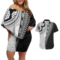 Fijian Masi Tattoos Couples Matching Off Shoulder Short Dress and Hawaiian Shirt with Tapa Tribal Pattern - Polynesian Pride