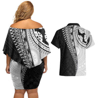 Fijian Masi Tattoos Couples Matching Off Shoulder Short Dress and Hawaiian Shirt with Tapa Tribal Pattern - Polynesian Pride
