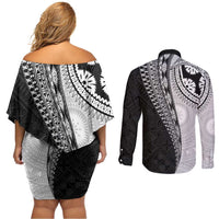 Fijian Masi Tattoos Couples Matching Off Shoulder Short Dress and Long Sleeve Button Shirt with Tapa Tribal Pattern LT03 - Polynesian Pride