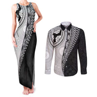 Fijian Masi Tattoos Couples Matching Tank Maxi Dress and Long Sleeve Button Shirt with Tapa Tribal Pattern LT03 White - Polynesian Pride