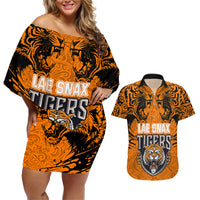PNG Lae Snax Tigers Rugby Couples Matching Off Shoulder Short Dress and Hawaiian Shirt The Tigers Head and PNG Bird Polynesian Tattoo LT03 Orange - Polynesian Pride