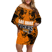 PNG Lae Snax Tigers Rugby Off Shoulder Short Dress The Tigers Head and PNG Bird Polynesian Tattoo LT03 Women Orange - Polynesian Pride