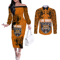 Custom PNG Lae Snax Tigers Rugby Couples Matching Off The Shoulder Long Sleeve Dress and Long Sleeve Button Shirts The Tigers Head and PNG Bird Polynesian Tattoo LT03 Orange - Polynesian Pride